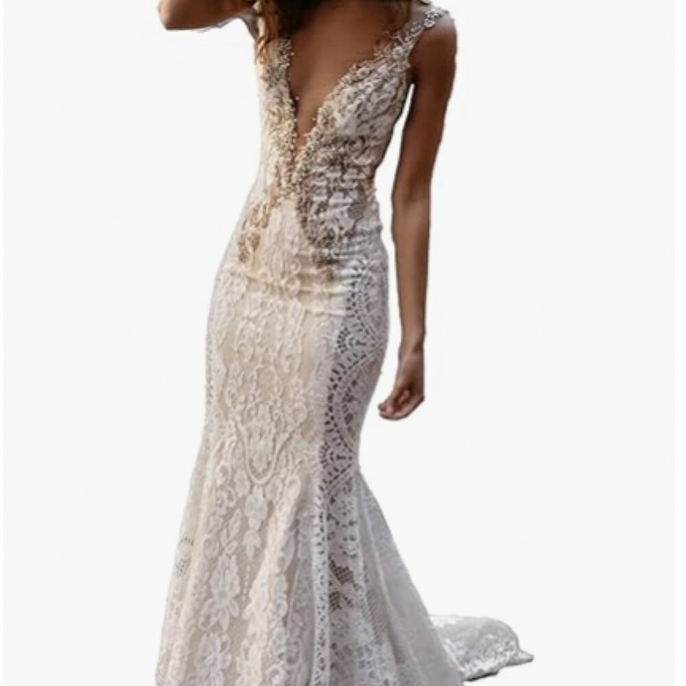 Lyhfany Beach Sexy Boho Wedding Dresses Mermaid Trumpet V Neck Court Train Lace